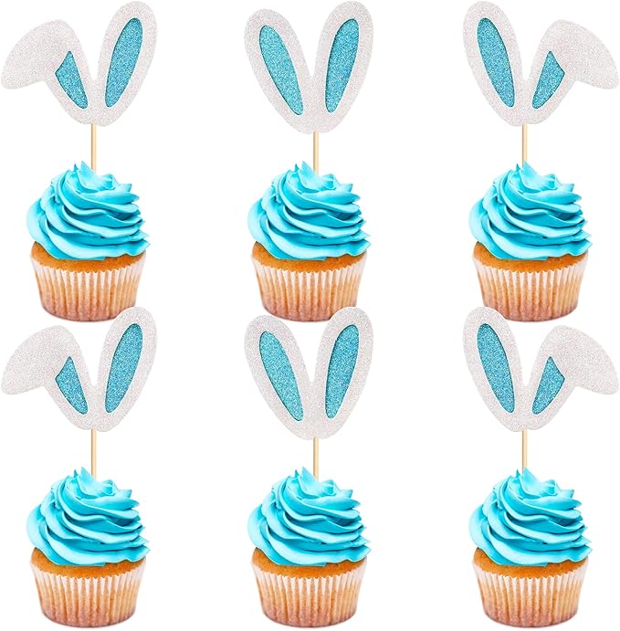 Ercadio 24 Pack Easter Bunny Ear Cupcake Toppers Glitter Blue White Rabbit Ears Cupcake Picks Easter Bunny Cupcake Toppers Rabbit Cake Toppers for Kids Boys Birthday Baby Shower Party Supplies