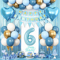 6th Birthday Decorations Blue White Gold, 25pcs Balloons, Banner, Fringe Curtain, Cake Topper, Heart Balloons for Boys Girls 6 Year Old Birthday