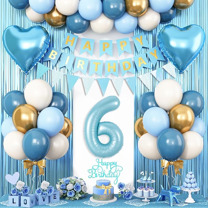 6th Birthday Decorations Blue White Gold, 25pcs Balloons, Banner, Fringe Curtain, Cake Topper, Heart Balloons for Boys Girls 6 Year Old Birthday