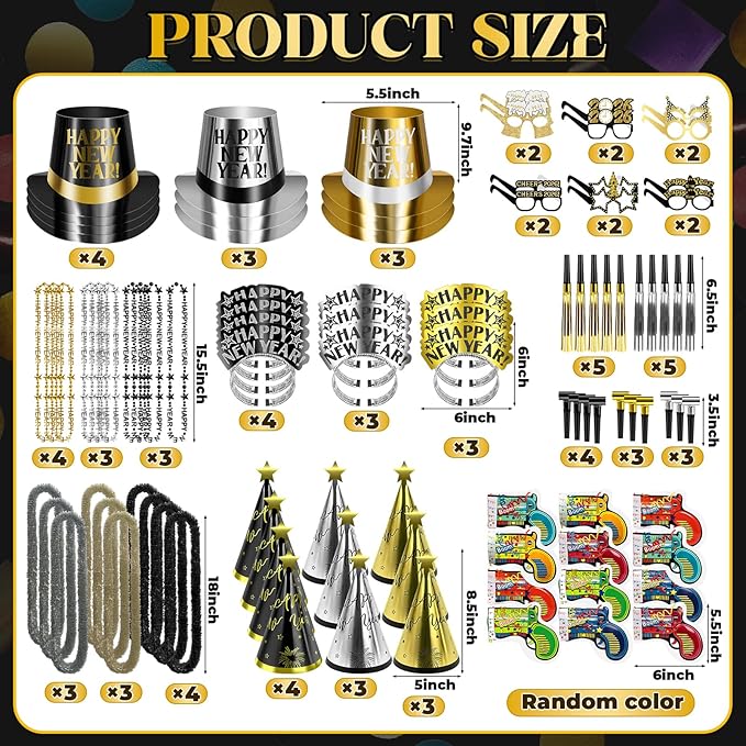 POILKMNI 92 Pcs New Years Eve Party Supplies - New Years Headbands, NYE Hats and Noisemakers for 46 People, Plastic Party Favors, Cone Hats, Horns, Glasses