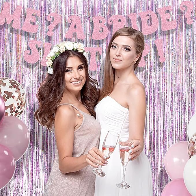 BRAVESHINE Pink Streamers Tinsel Foil Fringe Curtains - 2Pcs 3.2x8.2ft Party Backdrop for Easter/Unicorn/Baby/Graduation/Girl/Women/Princess/Birthday/Bridal Shower/Bachelorette/Engagement Decorations