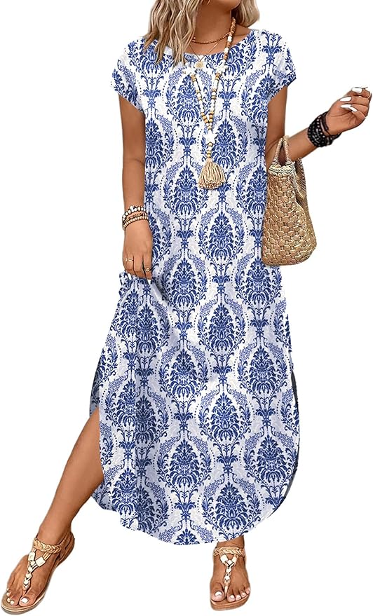 WIHOLL Summer Dresses Cap Sleeve Crewneck Maxi Long Casual Dress with Pockets Beach Vacation Sundresses 2026 Trendy