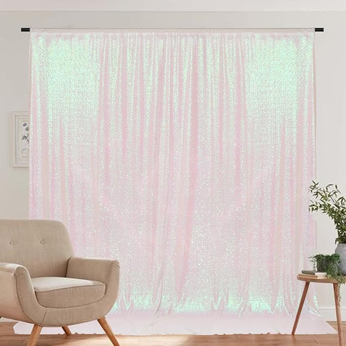 PartyDelight Iridescent White Sequin Backdrop 6x6ft - High Density 3mm Shimmer Sequin Background with 4-Inch Rod Pocket, Sparkly Photography Curtain for Birthday, TikTok & Live Decor
