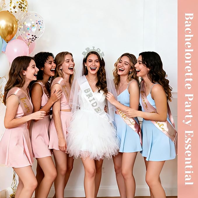 9 Pcs Bachelorette Accessories for Bride, Bachelorette Party Decorations, Bachelorette Party Veils for Bride, Includes Pearl Headband, Sash, Veil, Gloves, for Wedding, Bachelorette Party