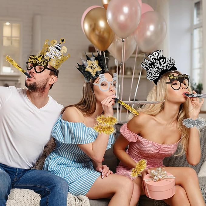 42 Pcs New Years Eve Party Supplies 2026, Includes Happy New Year Hats Paper Crowns,Headband Tiara,Paper Glasses,Wreath,Noise Makers for Happy New Year's Party Decorations 2026