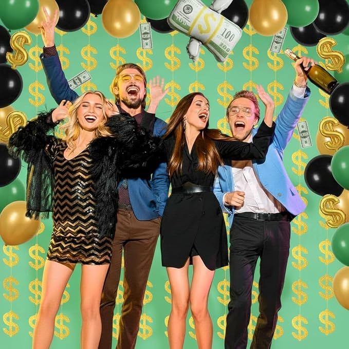 Xinnun Money Party Decorations Gold Old Dollar Sign Hanging Banners Currency Symbol Banner Cutouts Finance Investment Theme Ribbon Streamers for Casino Money Bachelorette Birthday Party Decor