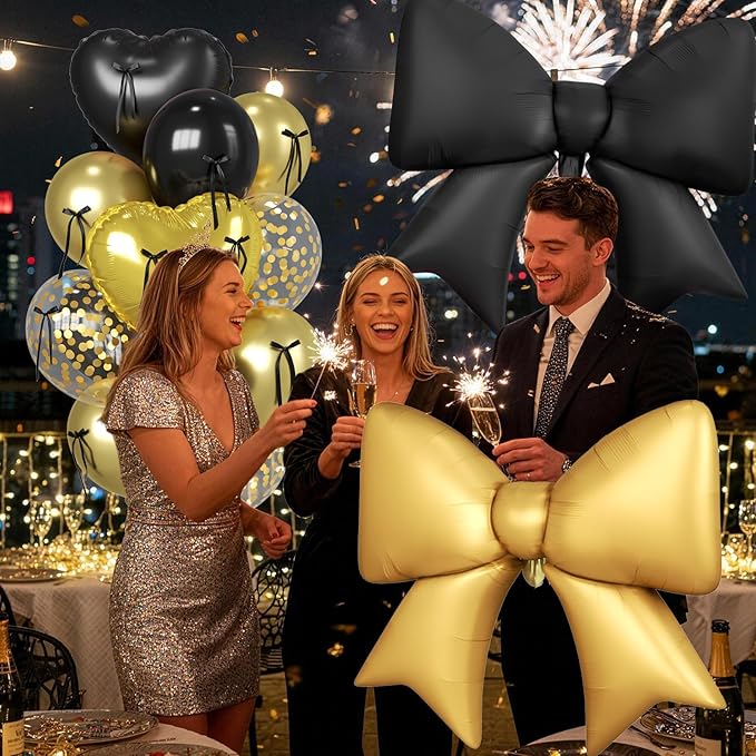 Paready Black and Gold Heart Balloons, 38 Inch Bow Balloons, Metallic Gold Confetti Balloon and Bow Heart Shaped Foil Balloon for Prom Birthday Wedding Bridal Baby Shower Valentines Day Decorations