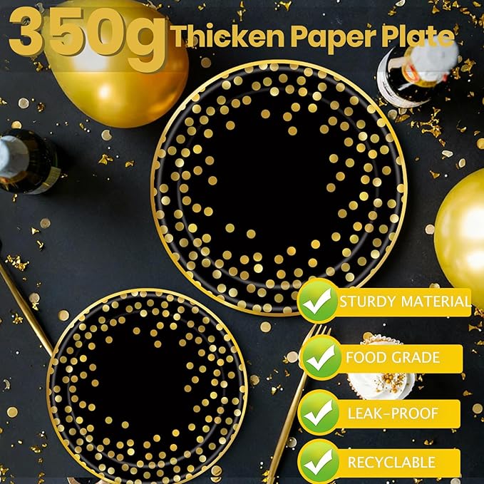 350PCS Black and Gold Paper Plates Party Supplies for 50 Guests Disposable Party Decorations Dinnerware Golden Dot Black Paper Plates Napkins Cups Gold Plastic Forks Knives Spoons for Parties
