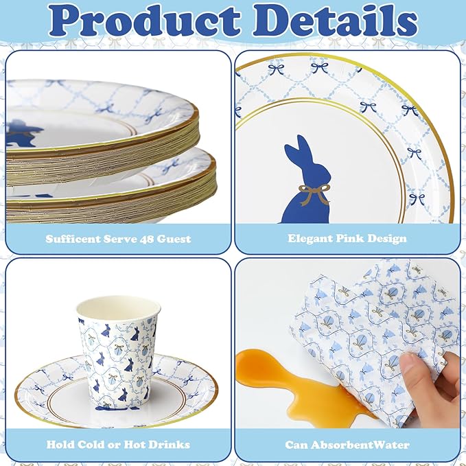 Yungyan 168 Pcs Easter Bunny Tableware Set Birthday Decorations Blue Bunny Bow Disposable Dinnerware Including Paper Plate Cup Napkin Cutlery Baby Shower Party Rabbit Plates for Table Supply Serves 24