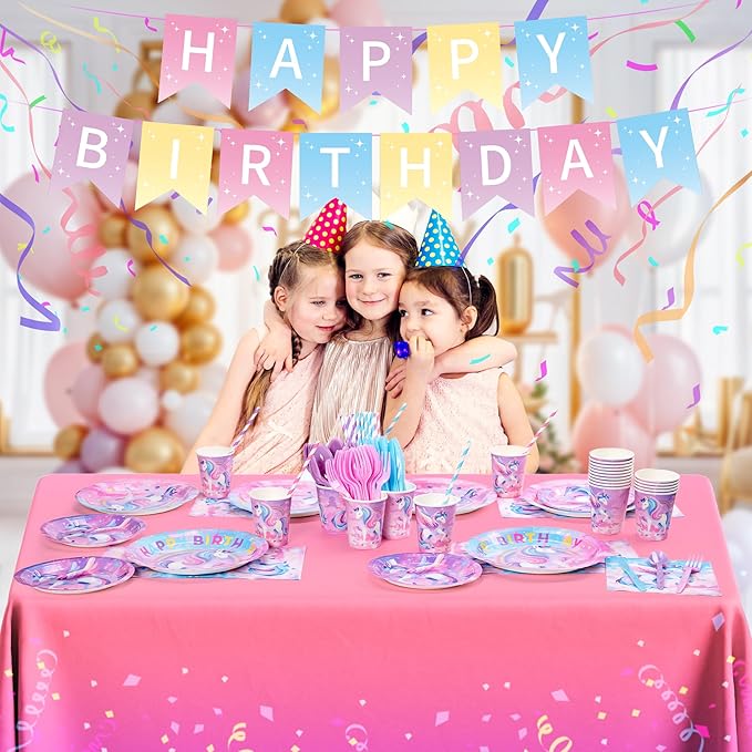 195Pcs Unicorn Birthday Party Supplies with Plates Cups Napkins Straws Cutlery, Unicorn Themed Birthday Decorations with Banner and Tablecloths, 24 Serves Unicorns Disposable Tableware Set for Party