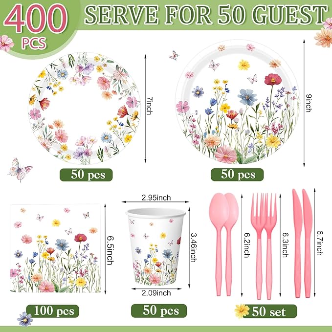 400 Pcs Wild Floral Disposable Paper Plates Napkins and Cups Serve 50 Watercolor Floral Tableware Set for Spring Wedding Tea Party Decoration Bridal Baby Shower (Pink Color, Gentle Style)
