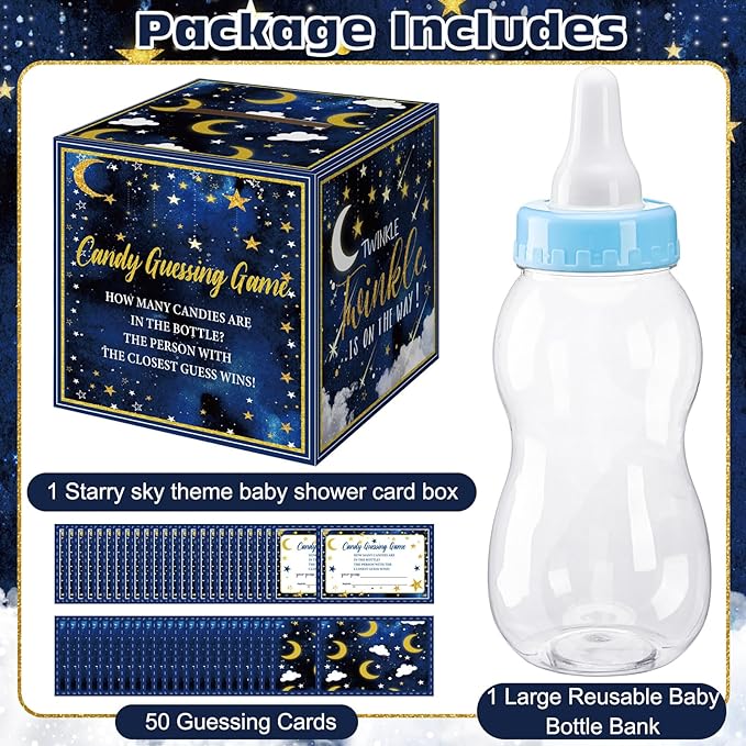 Glenmal 52 Pcs Baby Shower Games Gift Sets Large Baby Bottle for Shower Game Guess How Many Candies Baby Shower Decorations for Baby Shower Favors Games Gender Reveal (Twinkle Twinkle Little Star)