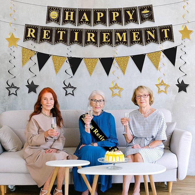 Retirement Party Decorations Black and Gold Happy Retirement Banner Gold Glitter Pennant Flag Banner Star Hanging Swirls and Sash Retired Party Supplies Office Farewell Party Decorations for Men Women