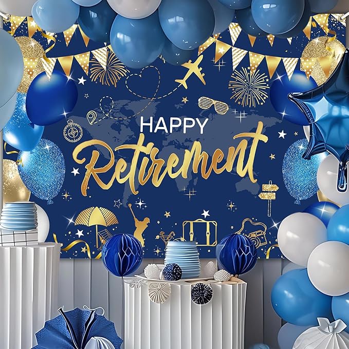 Mocsicka Happy Retirement Backdrop Pink Rose Gold Balloons Women Happy Retirement Banner Party Decorations Photo Booth Props (Blue Gold, 8x6ft)