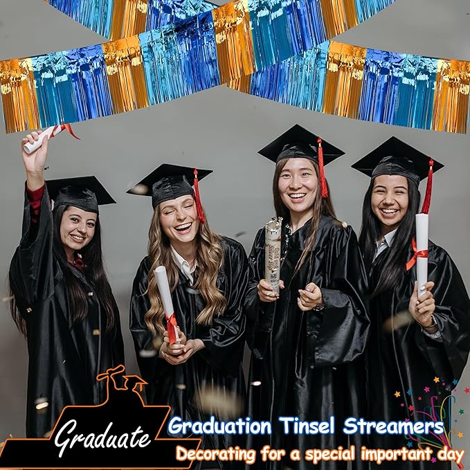 4 Packs Total 39 Ft Parade Floats for Trailer Car, Orange Blue Foil Fringe Garland Tinsel Blue Dog Themed Streamers Hanging Banner Table Skirts for Graduation Homecoming Birthday Dog Themed Party