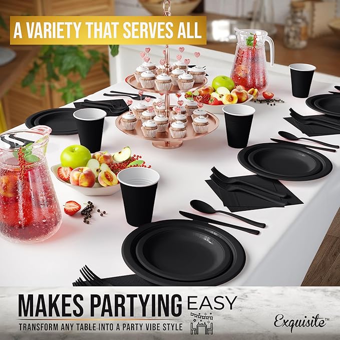 222 Pcs Black Paper Plates and Napkins Sets, Disposable Plates For Party, Lunch & Cocktail Napkins Paper, 18oz Plastic Cups, Cutlery and Black Table cloth Plastic Dinnerware Set