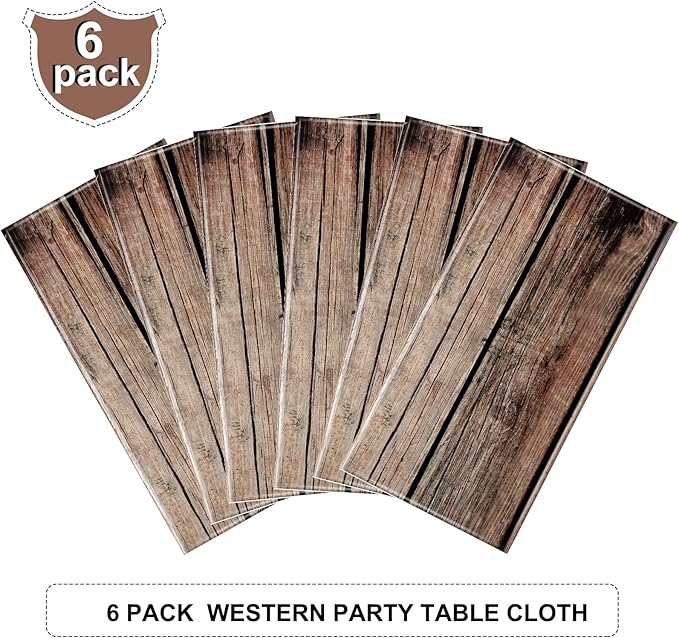 Tiamon 6 Pcs Western Party Tablecloth Western Cowboy Party Table Cover Cowboy Theme Plastic Tablecloth Wild West Wood Grain Table Cover for Birthday Baby Shower Decor (54 x 108 Inch)