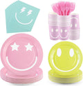 Kochorie 144 Pieces Preppy Party Supplies, Preppy Smile Tableware Sets Including Disposable Paper Plates Napkins Cups Forks Serves 24 for Smile Face Baby Shower Birthday Party Decorations
