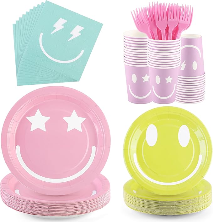 Kochorie 144 Pieces Preppy Party Supplies, Preppy Smile Tableware Sets Including Disposable Paper Plates Napkins Cups Forks Serves 24 for Smile Face Baby Shower Birthday Party Decorations