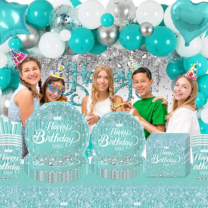 Teal and Silver Party Tableware - Complete Pack for Birthday, Baby Shower Party Including Plates, Cups, Napkins, Straws