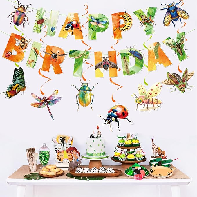 Zwiebeco Multicolored Insect Happy Birthday Banner Bunting Hanging Paper Swirls Garland Party Decorations for Boys Girls Kids Baby Shower Spring Summer Themed Bday Decor Accessories Supplies