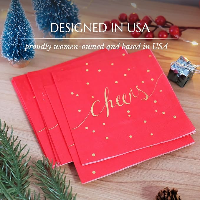 Red & Gold Cocktail Napkins - Disposable, 3 Ply, Paper, Decorative, Christmas, Love Napkins - Pack of 100
