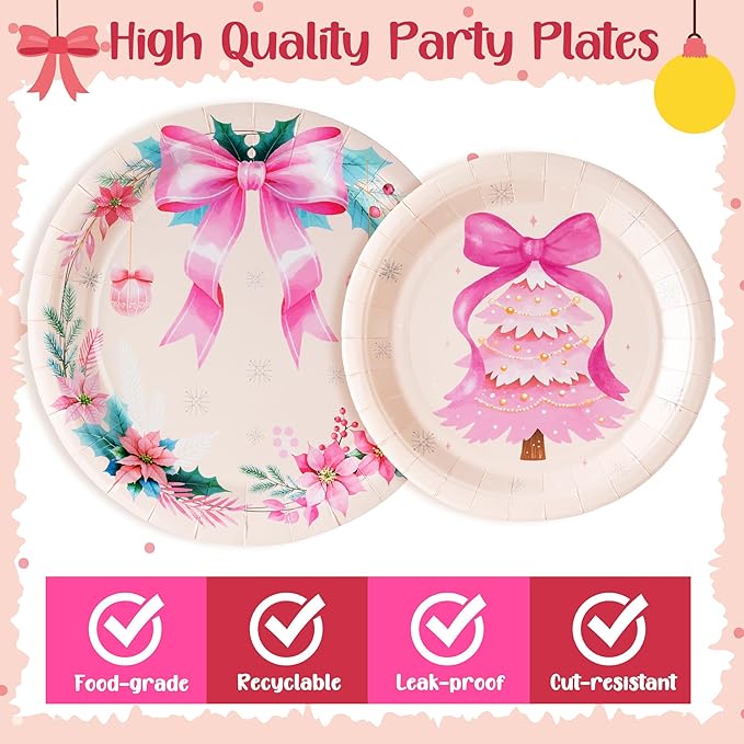 Christmas Coquette Pink Bow Xmas Tree Party Plate Supplies - Serves 24-96Pcs Party Tableware Decoration Disposable Paper Plate Napkin Fork for Winter Holiday Birthday Bachelorette
