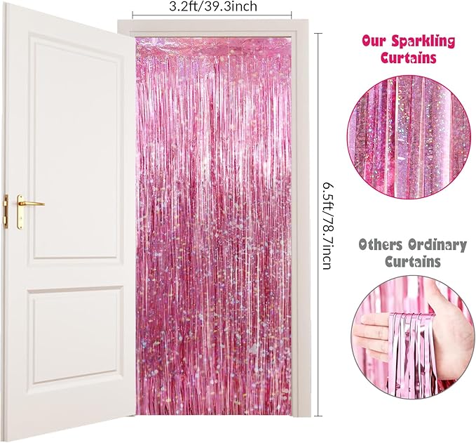 2 Pack Pink Birthday Decoration, Party Fringe Backdrop Decor Tinsel Foil Curtain Door Backdrop Banner Photo Booth Streamer for Birthday Wedding Baby Shower Bachelorette Disco Party Engagement