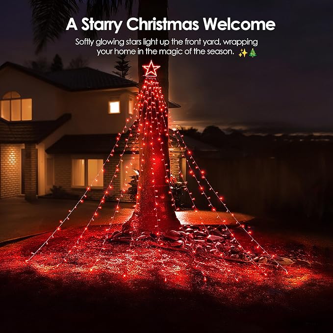 WBao 344 LED Christmas Lights Outdoor Decorations with 12" Star Topper, 11.9ft Waterfall Christmas Lights, Remote Control 8 Modes, 3 Timers, UL Listed Waterproof for Tree Roof Porch Xmas Decor, Red