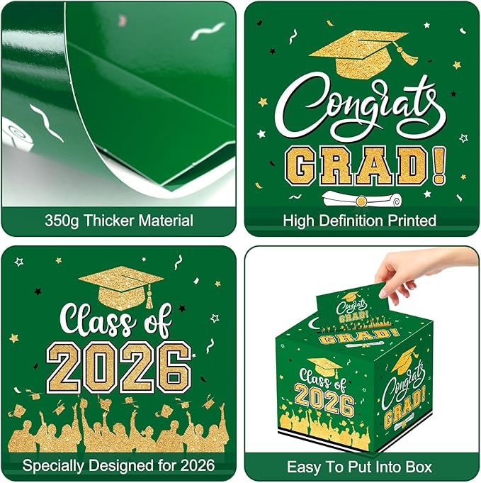 Graduation Card Box 2026 - Congrats Grad Card Boxes Holder, Green and Gold Class of 2026 Graduation Gift Cards Box for Graduation Party Decorations 2026 Favors Decor Supplies Props,9x 9 x 9 inches