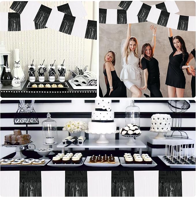 BEISHIDA 3 Packs Metallic Foil Fringe Garland Black White Wall Hanging Tinsel Fringe Banners for Car Floats Bridal Shower Wedding Birthday Graduation Holiday Party Decoration(30 Feet)