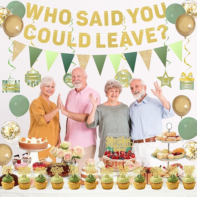 Roetyce Farewell Party Decorations, Green Gold Who Said You Could Leave Banner Cake Toppers Balloons Hanging Swirls, Going Away Retirement Leaving Party Decorations, Coworker Goodbye Party Supplies