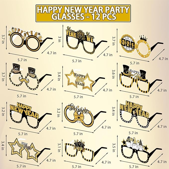 12Pcs Happy New Year Glasses, Black and Gold New Years Eve Paper Eyeglasses 2026 Glasses Photo Booth Props for 2026 New Years Eve Party Supplies