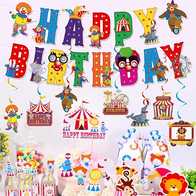 Zwiebeco Colorful Circus Happy Birthday Banner Bunting Hanging Paper Swirls Garland Party Decorations for Funfair Circus Amusement Park Clown Carnivals Themed Kids Bday Decor Accessories Supplies