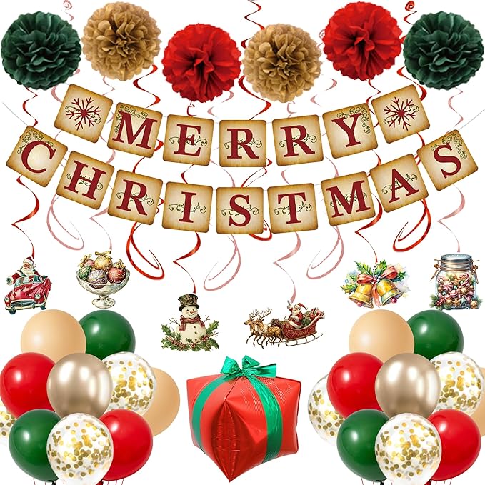Roetyce Christmas Party Decorations, Vintage Merry Christmas Banner Balloons Hanging Swirls Kit Indoor Outdoor, Funny Home Xmas Party Supplies Photo Backdrop Background