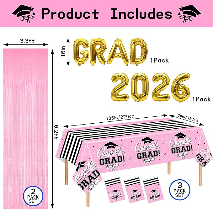 7-Pack Graduation Party Decorations Set, 3 Pink Graduation Tablecloths 54x108in, 2026 And GRAD Balloons, 2 Foil Fringe Curtains for High School College Graduation Party Photo Booth