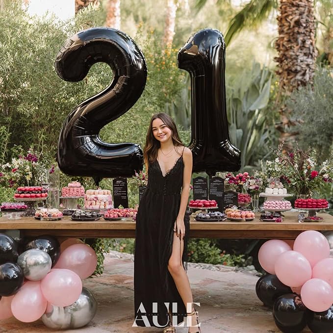 AULE 40 Inch Jumbo Black Foil Mylar Number Balloons for Men Women 21st Birthday Party Decorations 21 Years Old Anniversary Party Supplies