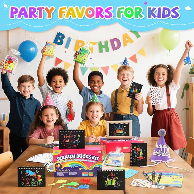 24*3 Pack Scratch Art Notebook+Sticky Hands+Stickers,Party Favors for Kids 4-8-12,Return Gifts for Birthday Party,Easter Basket Stuffers,Classroom Prizes Bulk Gifts for Students