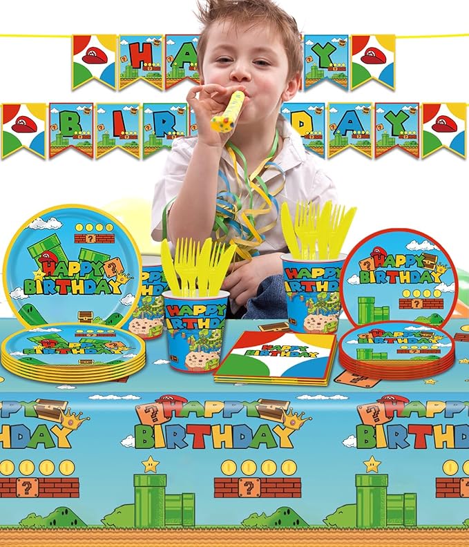122Pcs Disposable Tableware Fits for Super Bros Party Supplies Table Decoration Kit for 20-Guests Includes Banner, Tableloth, Plates, Cups, Napkins, Forks and Knives