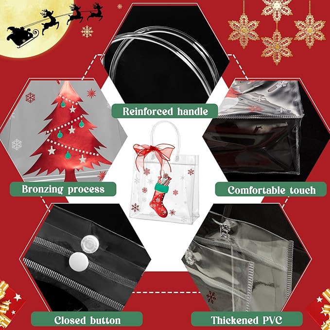 Henoyso 24 Pcs Christmas Clear Gift Bags Plastic Candy Treat Goodie Bags Red Foil Santa PVC Wrap Totes with Handles and Ribbon Xmas Party Favors (Red Christmas,7.8 x 7.8 x 3.1 Inch)