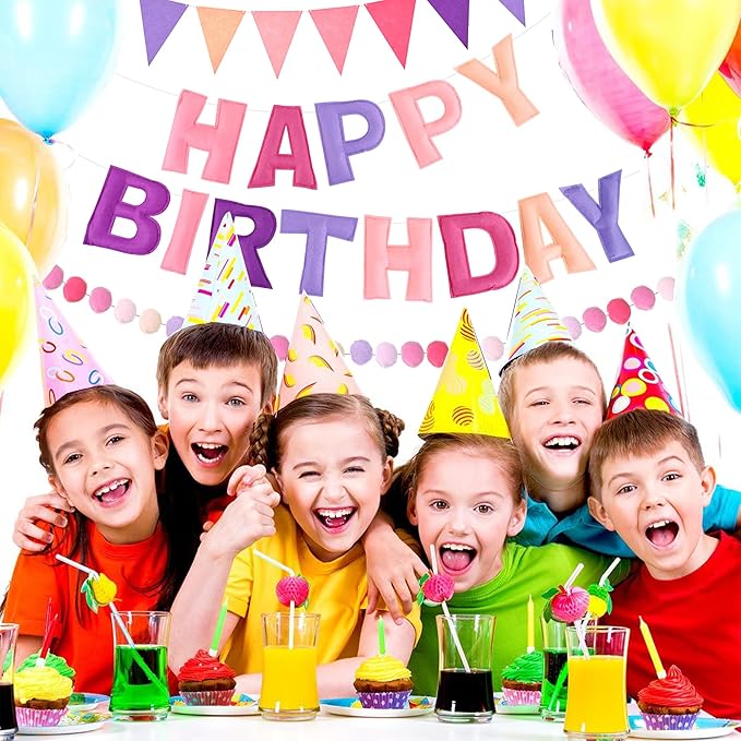 CANREVEL Pre-Strung 3D Rainbow Happy Birthday Banner, 3 PCS Happy Birthday Felt Sign, Pom Pom Garland, Triangle Fabric Bunting, Colorful Reusable Birthday Decorations for Women Men Girls Boys, Purple