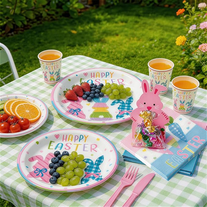 Mostop 160 Pcs Easter Tableware Set Party Supplies for 20 Guests Disposable Paper Plates, Cups, Napkins Forks Set Decorations for Easter Party Spring Holiday Picnics