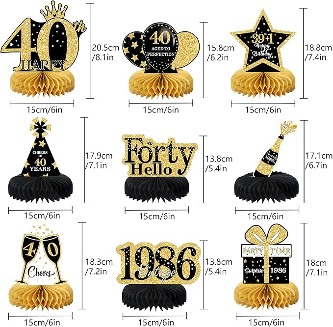 9 Pcs 40th Birthday Decorations Honeycomb Centerpieces for Women Men, Black Gold 1986 Aged to Perfection Vintage Centerpieces for Tables Toppers,Forty Years Party Decorations Supplies