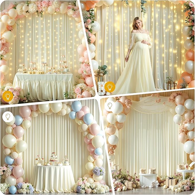 10 x 10ft Beige Backdrop Curtains with Lights String for Wedding Photo Background Drapes Wrinkle Free Polyester Curtain Backdrop for Baby Shower Birthday Parties Reception Ceremony - 5 x 10ft 2 Panels