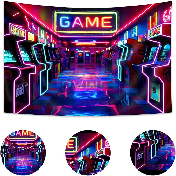Imirell Arcade Game Neon Backdrop 5Wx3H Feet Colorful Retro Gaming Gamer Themed Modern Video Game Room Playroom Cool Polyester Fabric Boys Photography Backgrounds Photo Shoot Decor Props Decoration