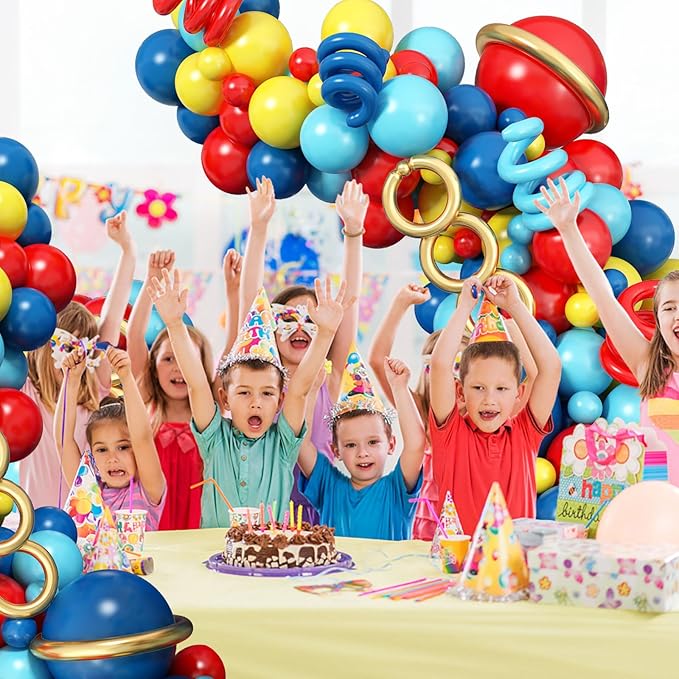 127 PCS Red Blue Yellow Balloon Garland Arch Kit Cartoon Primary Color Balloons with Gold Circle for Cartoon Theme Carnival Circus Baby Shower Birthday Party Decorations