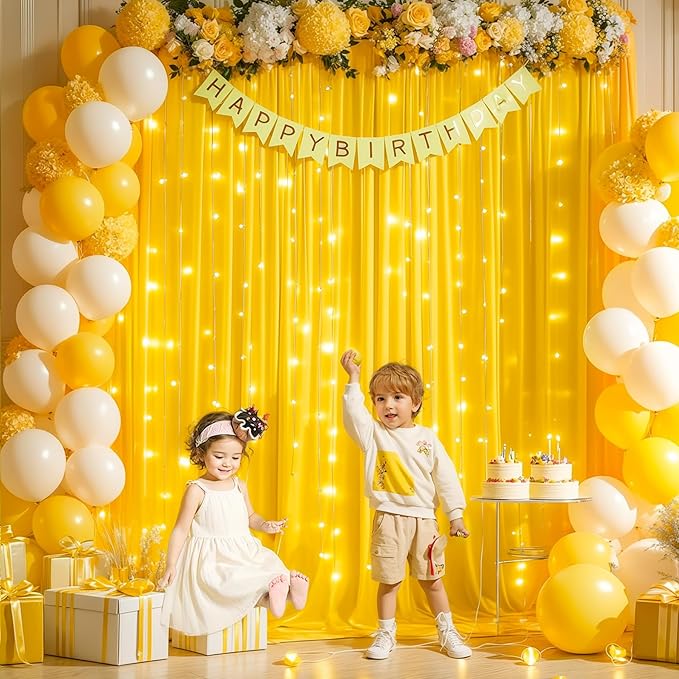 Yellow Backdrop Curtains with Lights for Parties,10x10FT Wrinkle Free Wedding Photo Backdrop Light Tulle Curtains for Baby Shower Birthday Ceremony Reception Home Party Decorations-5ft x 10ft