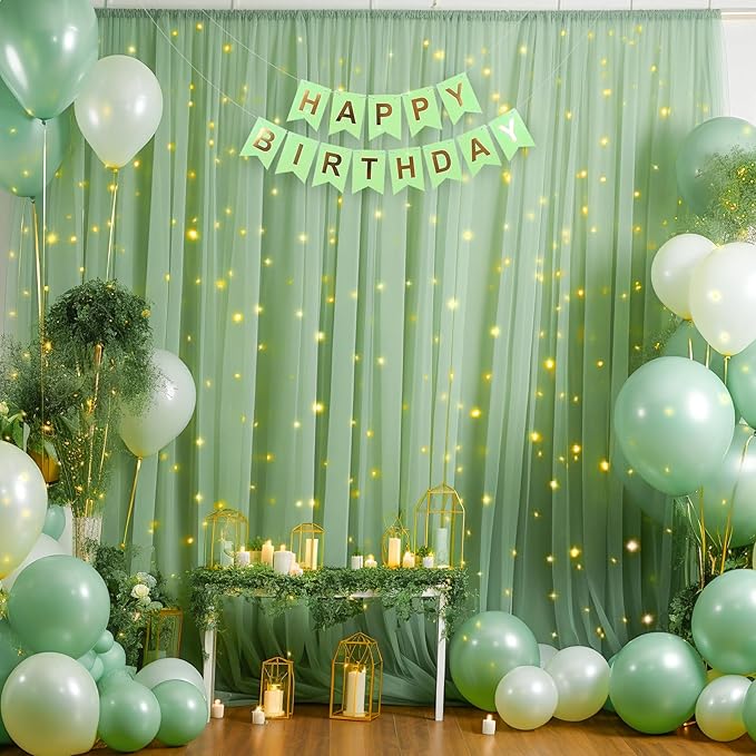 10x8ft Olive Green Tulle Backdrop Curtain with Lights String for Parites, Sheer Photo Backdrop Curtains for Easter Wedding Baby Shower Birthday Party Photo Shoot Decorations
