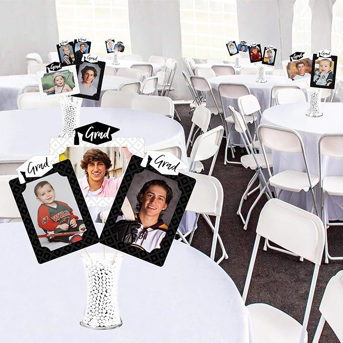 Graduation Photo Display Centerpiece Kit - 15 Double-Sided Photo Table Topper Sticks, Vertical and Horizontal 4x6 Picture Holders, DIY Party Decoration Set - Black and White Grad