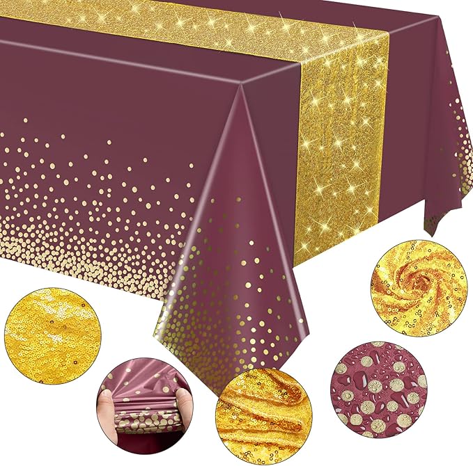 Irenare Tablecloth and Sequin Table Runner Set Polka Dots Confetti Table Cover Dining Plastic Tablecloths Glitter Decorations for Birthday Wedding Anniversary Party Supplies(Maroon, Gold,2 Pcs)